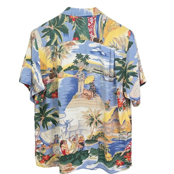 Reyn Spooner Hawaiian Traditions Men Rayon Shirt Small Hula Island Scene Vintage - Picture 2 of 10